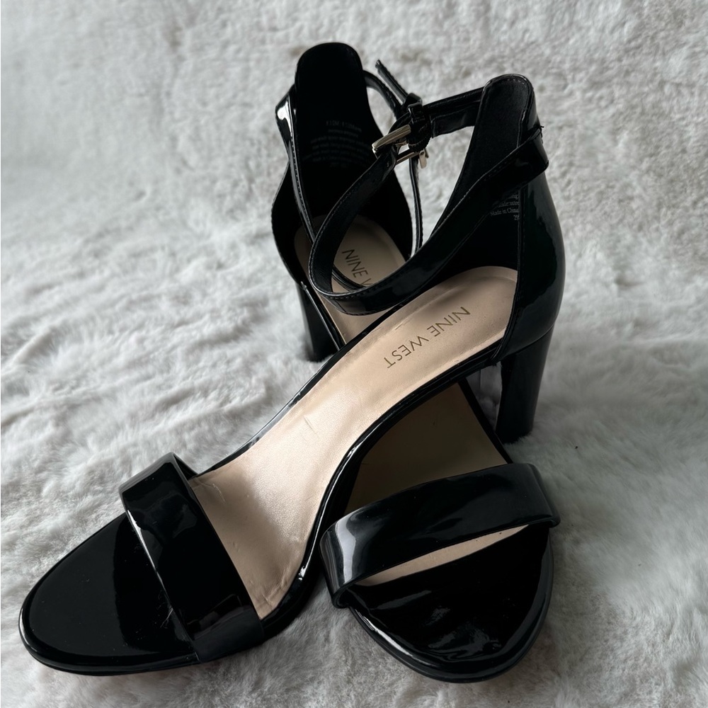Nine West Black Patent Block Heel Sandals with Ankle Strap